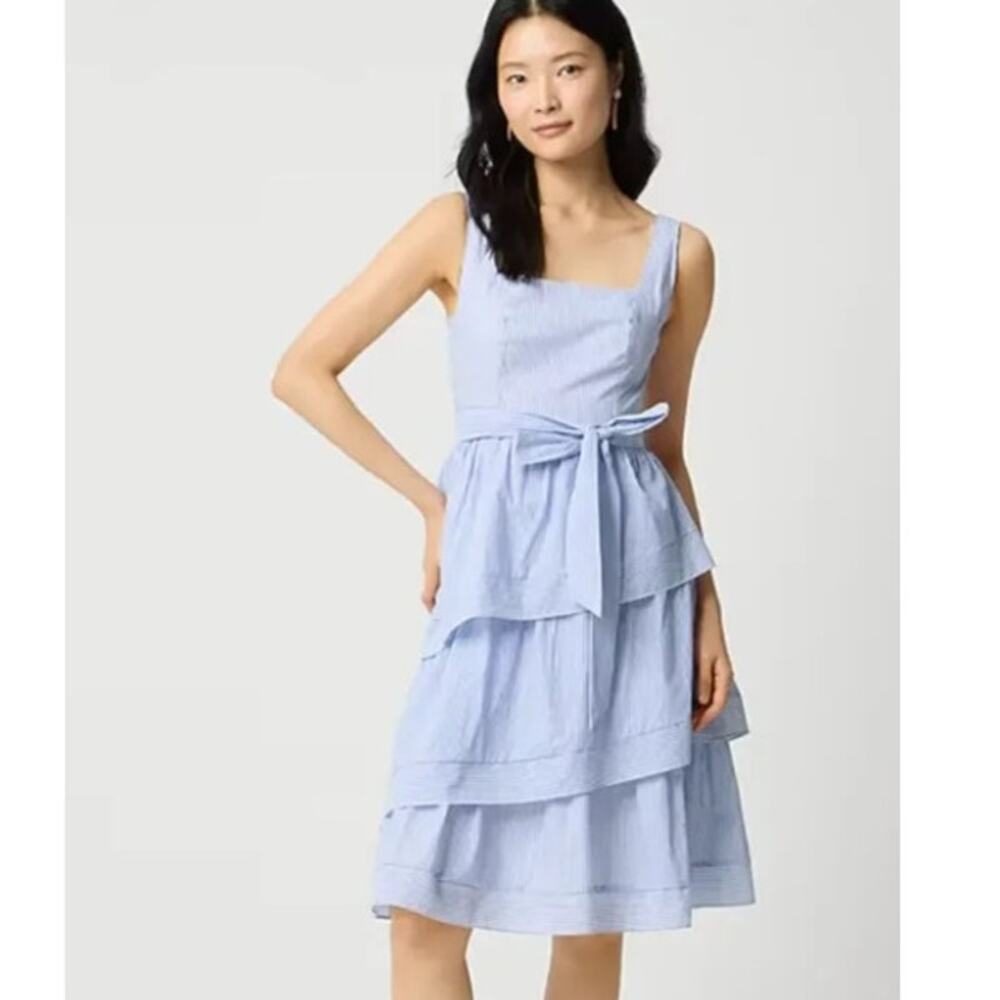 J. Crew Striped Sleeveless Belted Tiered Dress Square Neck Banker Blue Size 6